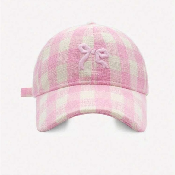 Adjustable Checkered Light Pink + White Embroidered Bowknot Baseball Cap OS New - Picture 4 of 11